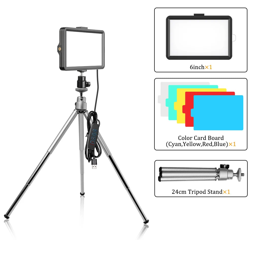 6-Inch LED Video Light Panel with RGB Filters and Tripod Kit