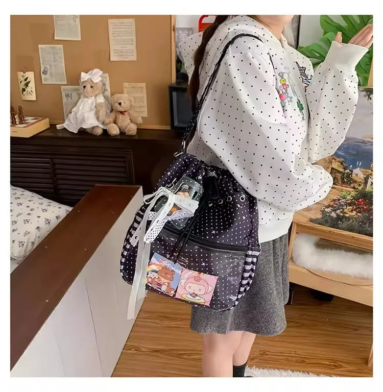 New Y2k Cute Ita Bag Girls Transparent Shoulder Bag Fashionable Large Capacity Polka Dot Canvas Tote Bag Casual Commuter Handbag