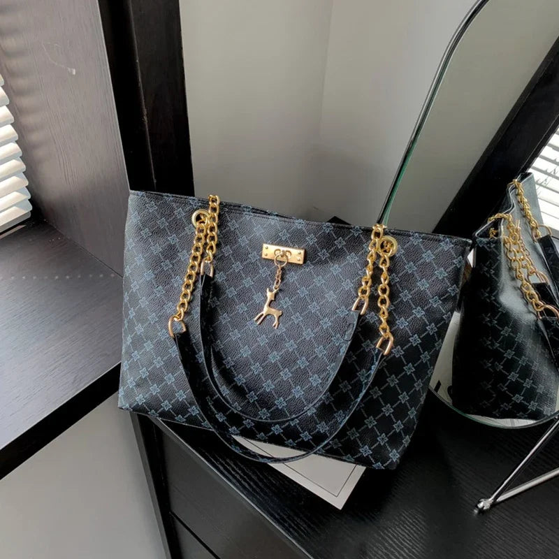 Large Capacity Soft Leather Tote Bag with Hanging Accessories