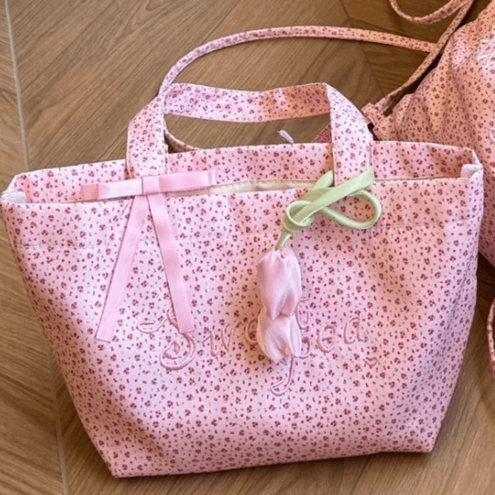 Pink Flower Embroidery Large Capacity Tote Bag for Teenage Girls