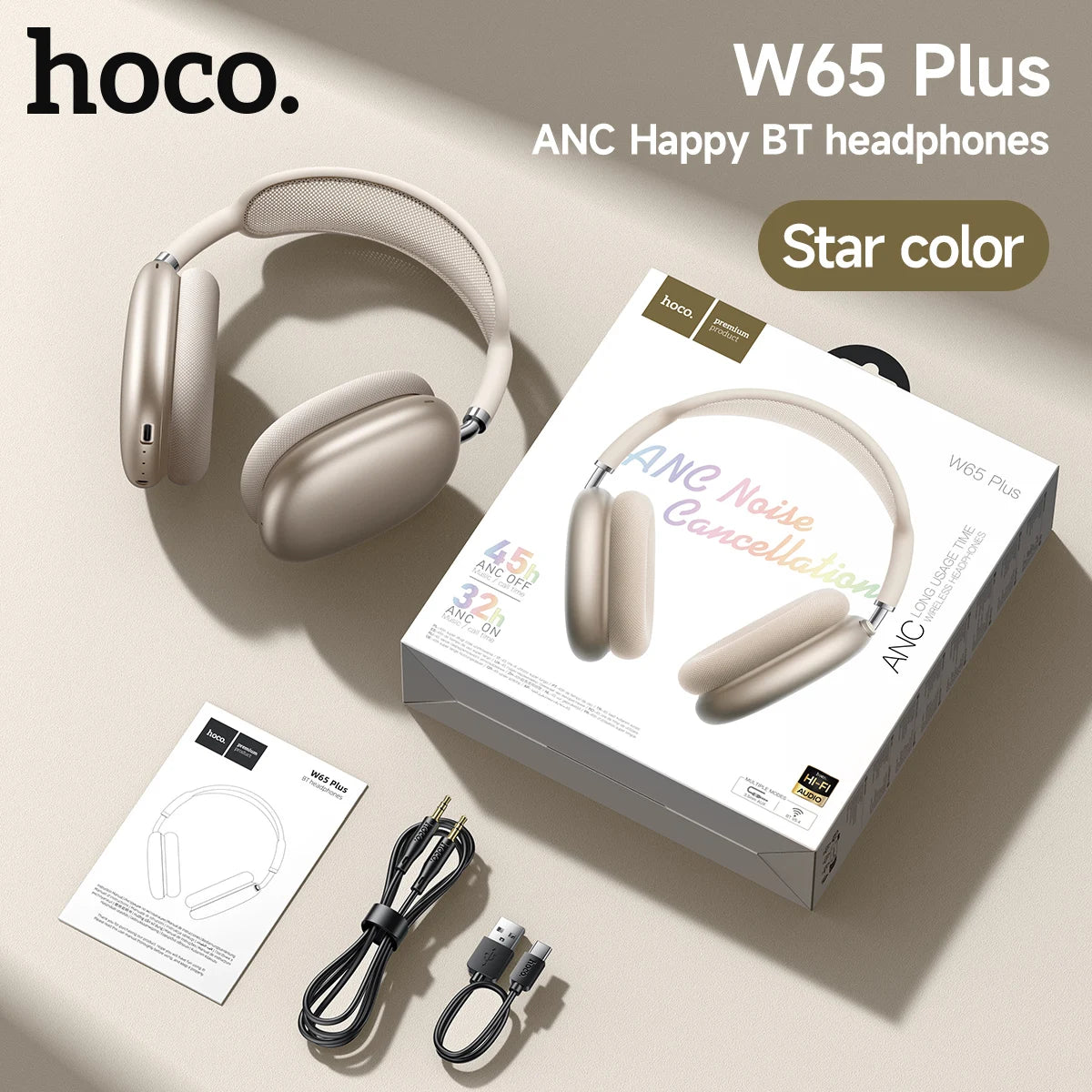 HOCO W65 Plus ANC Wireless Over-Ear Bluetooth Headphones