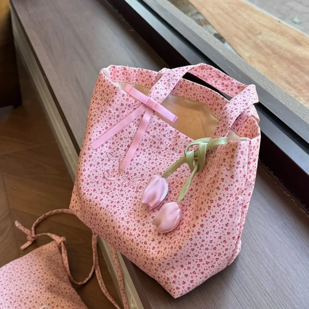 Pink Flower Embroidery Large Capacity Tote Bag for Teenage Girls