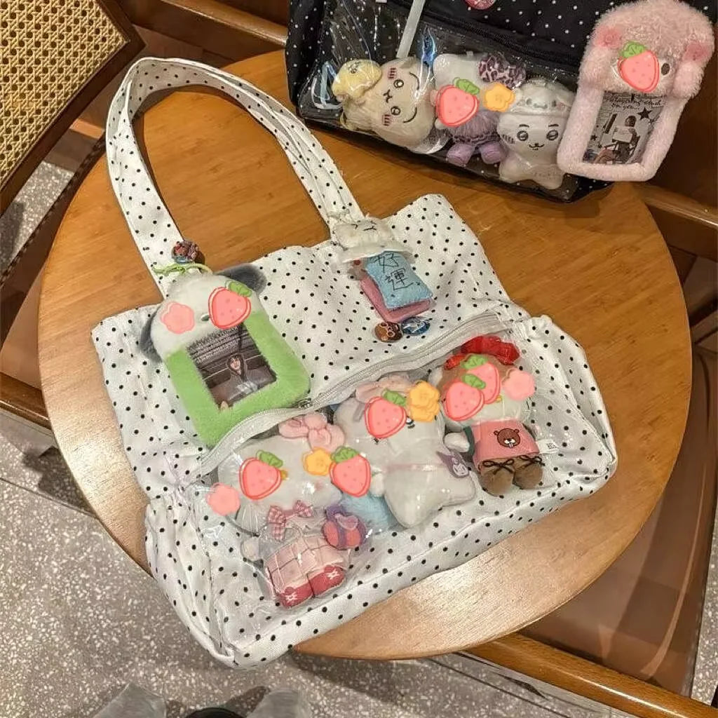 New Y2k Cute Ita Bag Girls Transparent Shoulder Bag Fashionable Large Capacity Polka Dot Canvas Tote Bag Casual Commuter Handbag