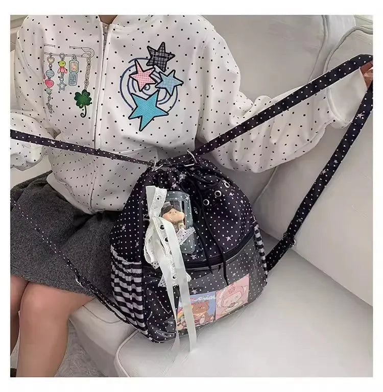New Y2k Cute Ita Bag Girls Transparent Shoulder Bag Fashionable Large Capacity Polka Dot Canvas Tote Bag Casual Commuter Handbag