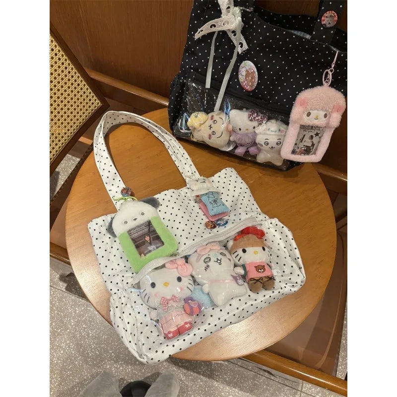 New Y2k Cute Ita Bag Girls Transparent Shoulder Bag Fashionable Large Capacity Polka Dot Canvas Tote Bag Casual Commuter Handbag