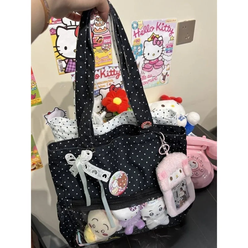 New Y2k Cute Ita Bag Girls Transparent Shoulder Bag Fashionable Large Capacity Polka Dot Canvas Tote Bag Casual Commuter Handbag