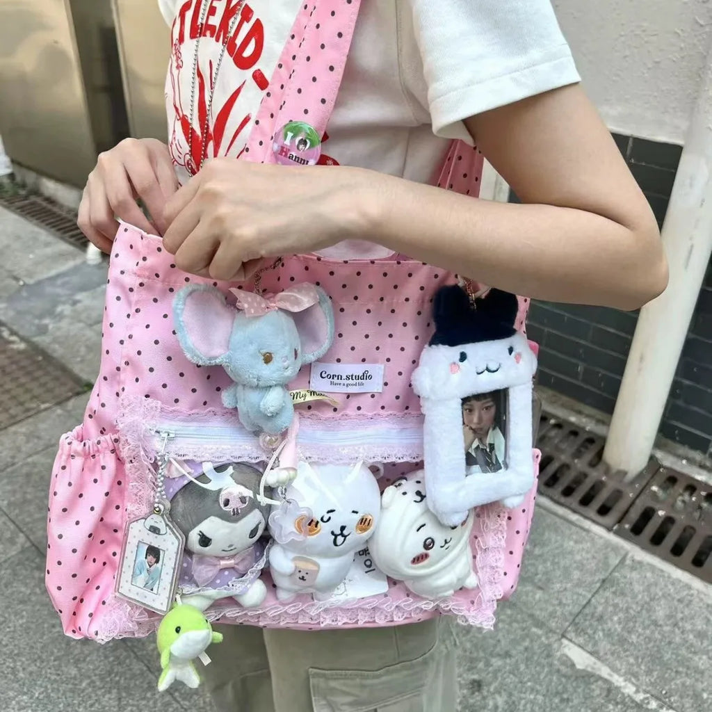 New Y2k Cute Ita Bag Girls Transparent Shoulder Bag Fashionable Large Capacity Polka Dot Canvas Tote Bag Casual Commuter Handbag
