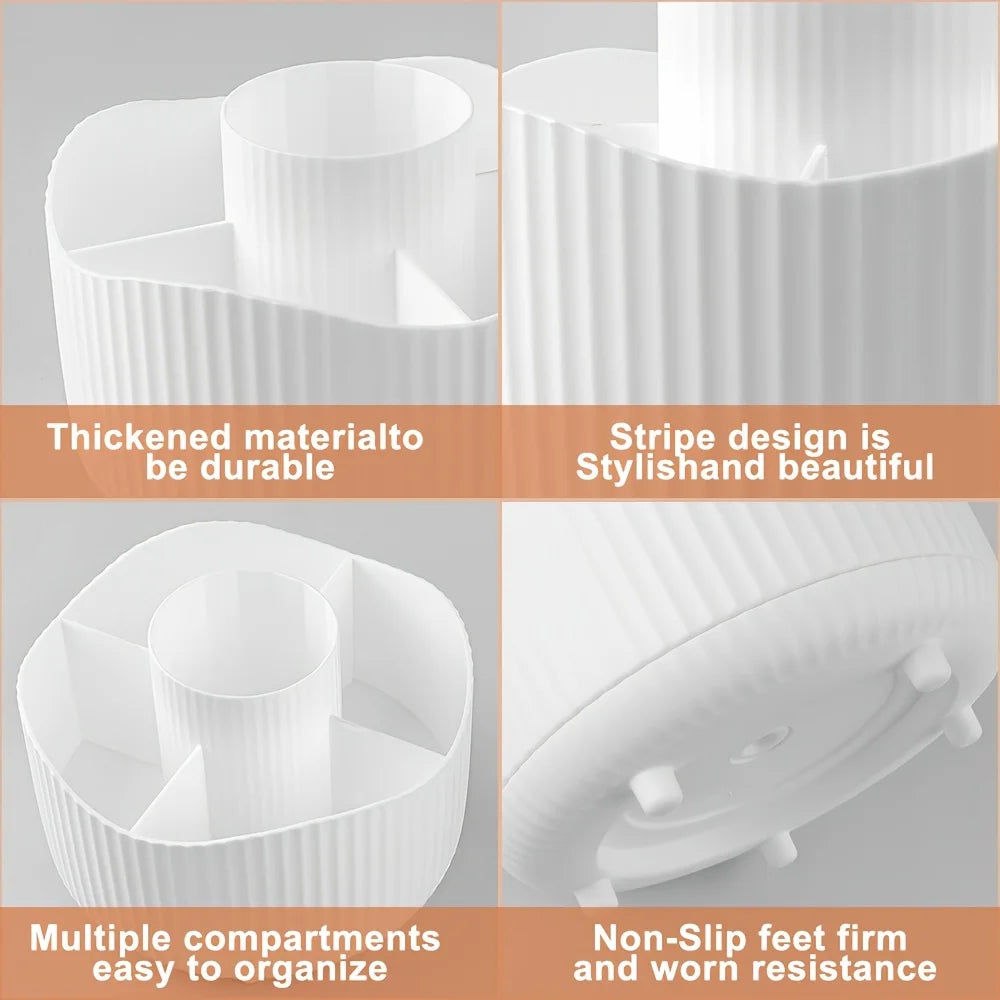 360-Degree Rotating Makeup Organizer 5 Slot Plastic Cosmetic Storage Elegant Stripe Versatile Holder for Brushes Office Supplies