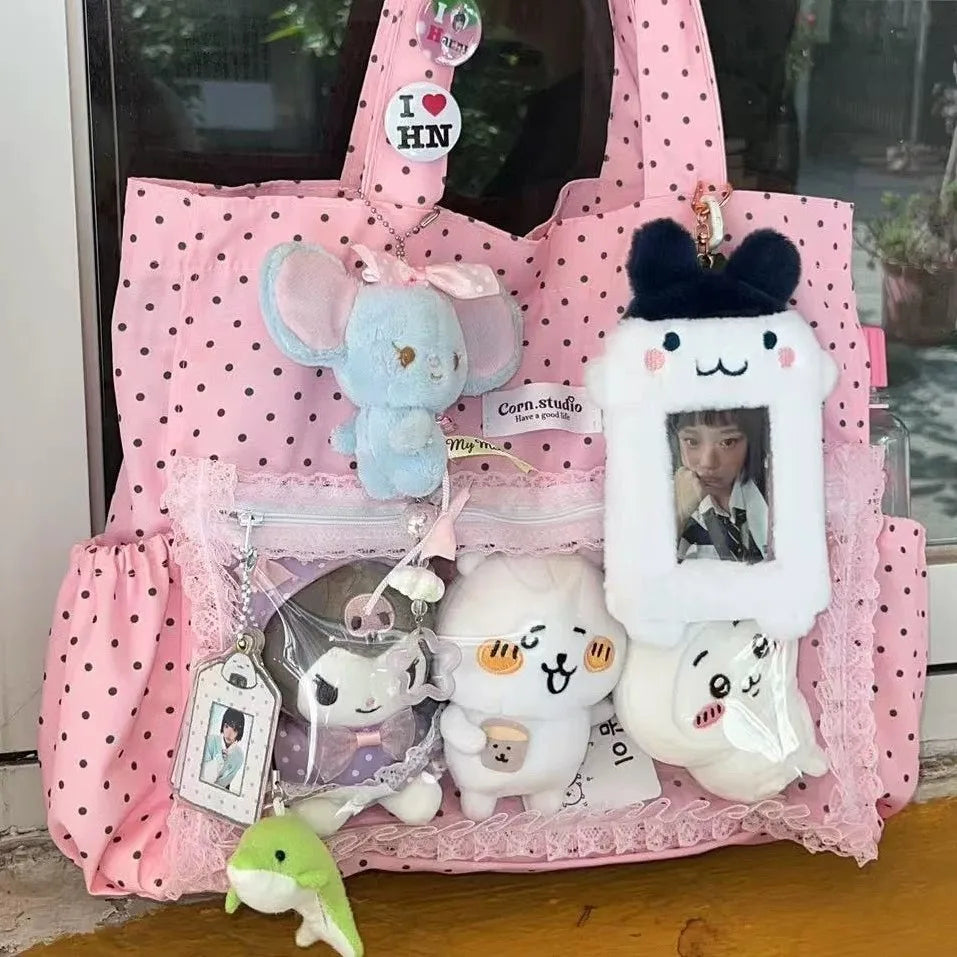 New Y2k Cute Ita Bag Girls Transparent Shoulder Bag Fashionable Large Capacity Polka Dot Canvas Tote Bag Casual Commuter Handbag