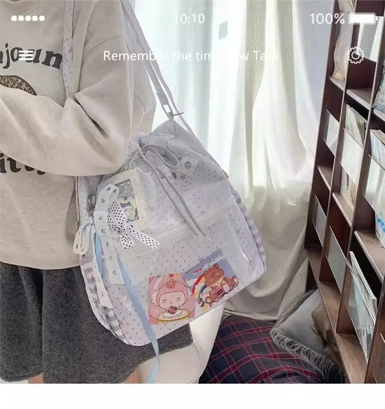 New Y2k Cute Ita Bag Girls Transparent Shoulder Bag Fashionable Large Capacity Polka Dot Canvas Tote Bag Casual Commuter Handbag