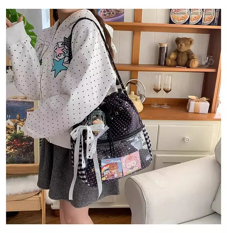 New Y2k Cute Ita Bag Girls Transparent Shoulder Bag Fashionable Large Capacity Polka Dot Canvas Tote Bag Casual Commuter Handbag