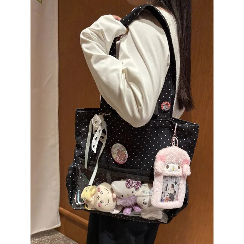 New Y2k Cute Ita Bag Girls Transparent Shoulder Bag Fashionable Large Capacity Polka Dot Canvas Tote Bag Casual Commuter Handbag