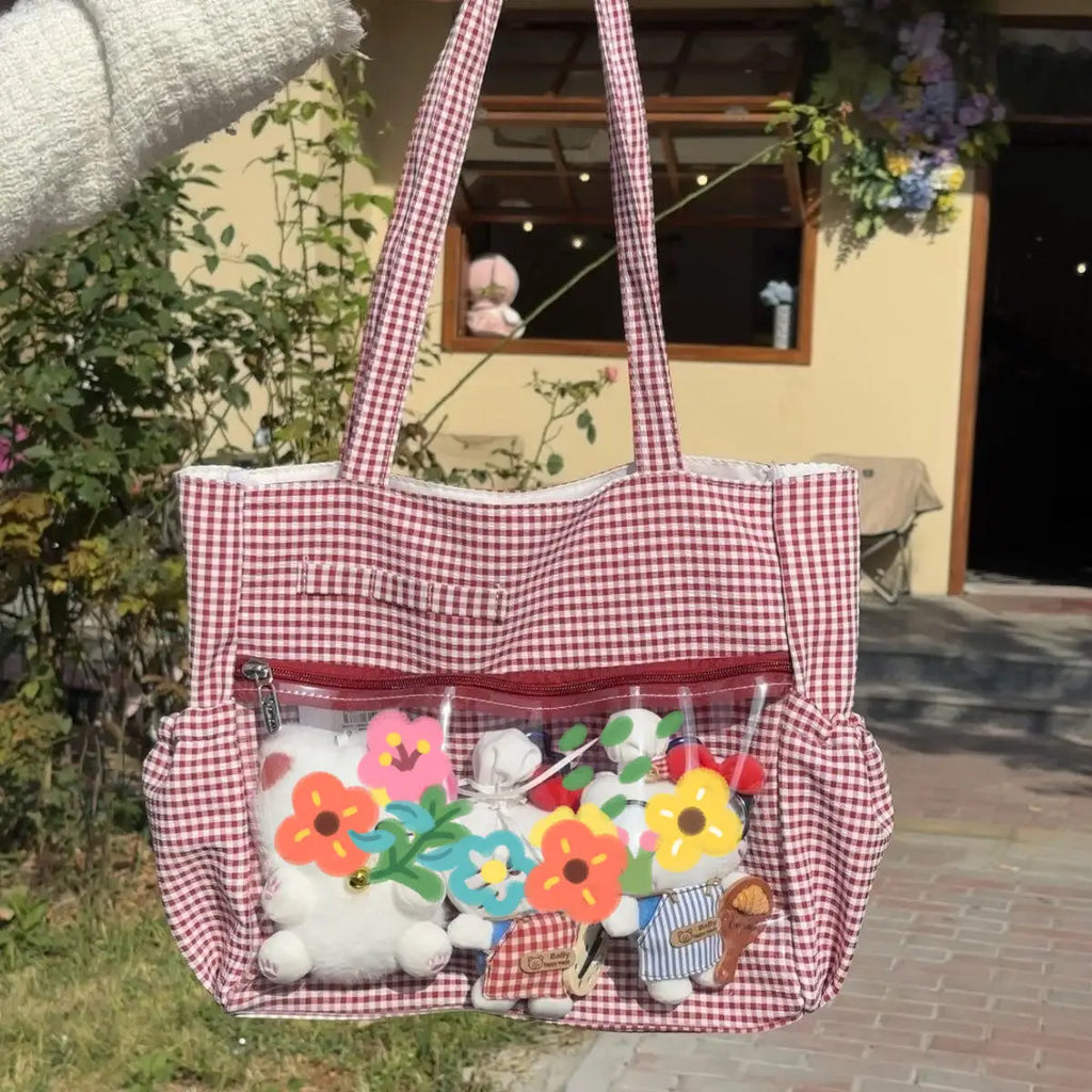 New Y2k Cute Ita Bag Girls Transparent Shoulder Bag Fashionable Large Capacity Polka Dot Canvas Tote Bag Casual Commuter Handbag