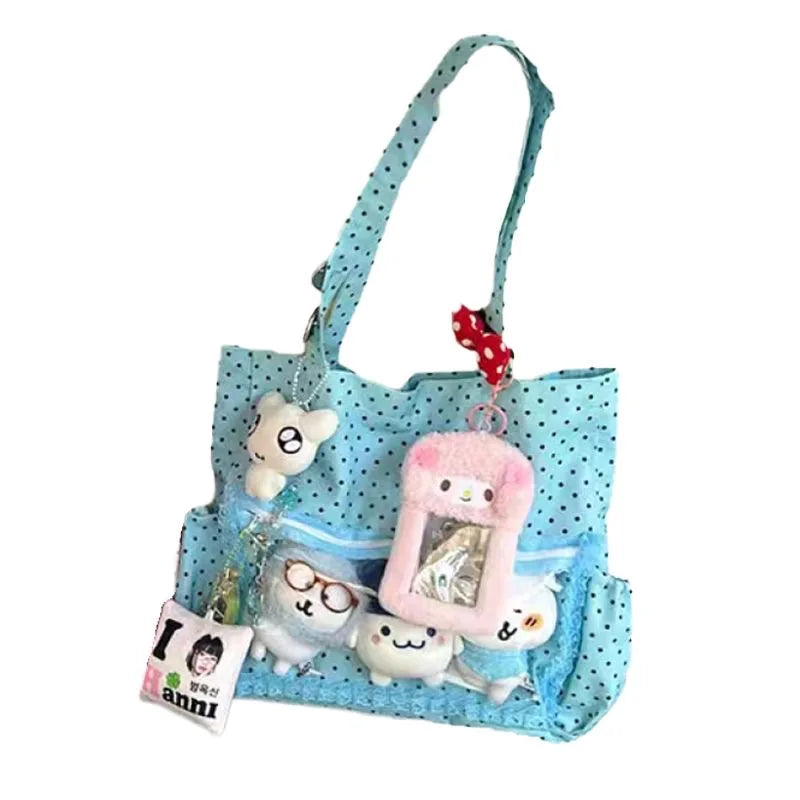 New Y2k Cute Ita Bag Girls Transparent Shoulder Bag Fashionable Large Capacity Polka Dot Canvas Tote Bag Casual Commuter Handbag