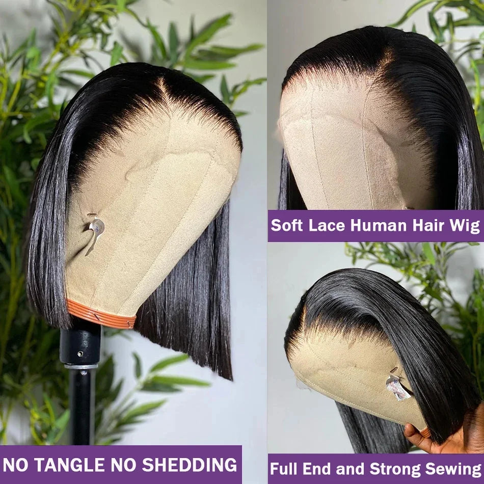 Short Straight Bob 100% Human Hair Transparent Lace Front Wig 200% Density
