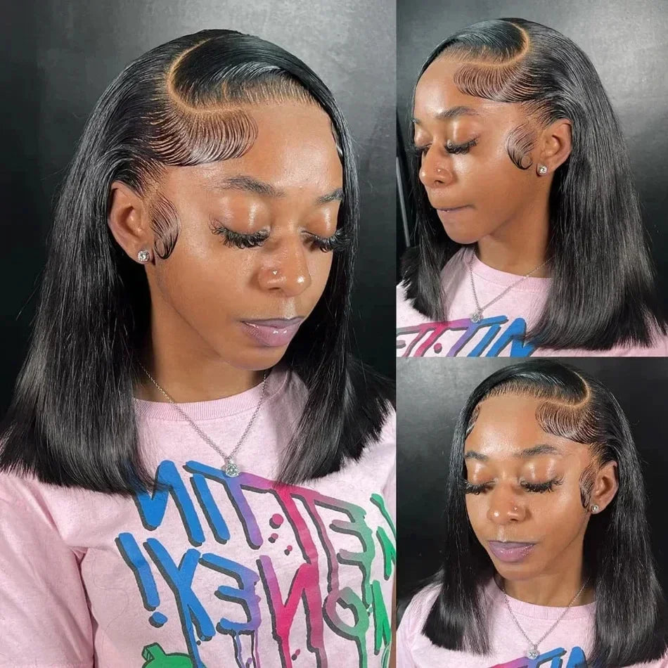 Short Straight Bob 100% Human Hair Transparent Lace Front Wig 200% Density