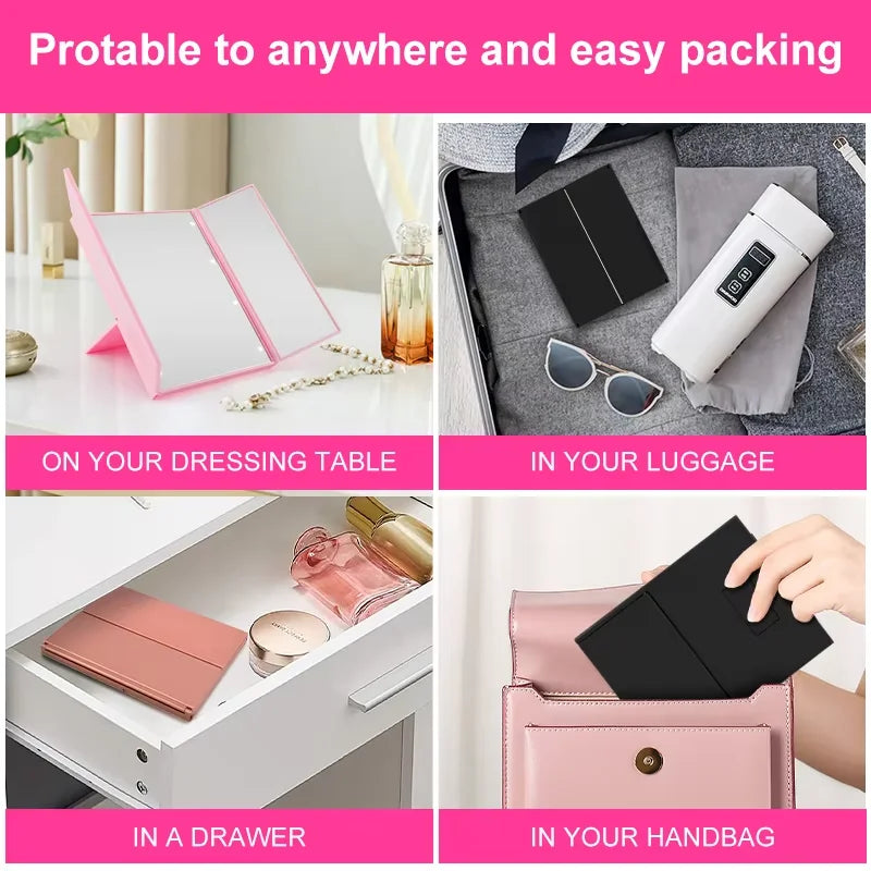 Portable Lighted Makeup Mirror 3 Way Trifold with Lights, LED Mini Travel Folding Vanity Mirror with Stand, Giftos fr Woman