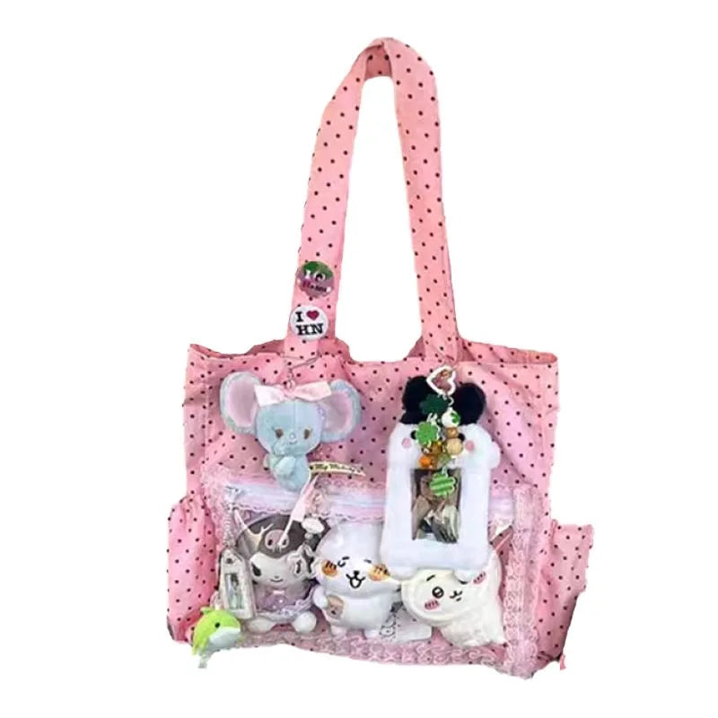 New Y2k Cute Ita Bag Girls Transparent Shoulder Bag Fashionable Large Capacity Polka Dot Canvas Tote Bag Casual Commuter Handbag