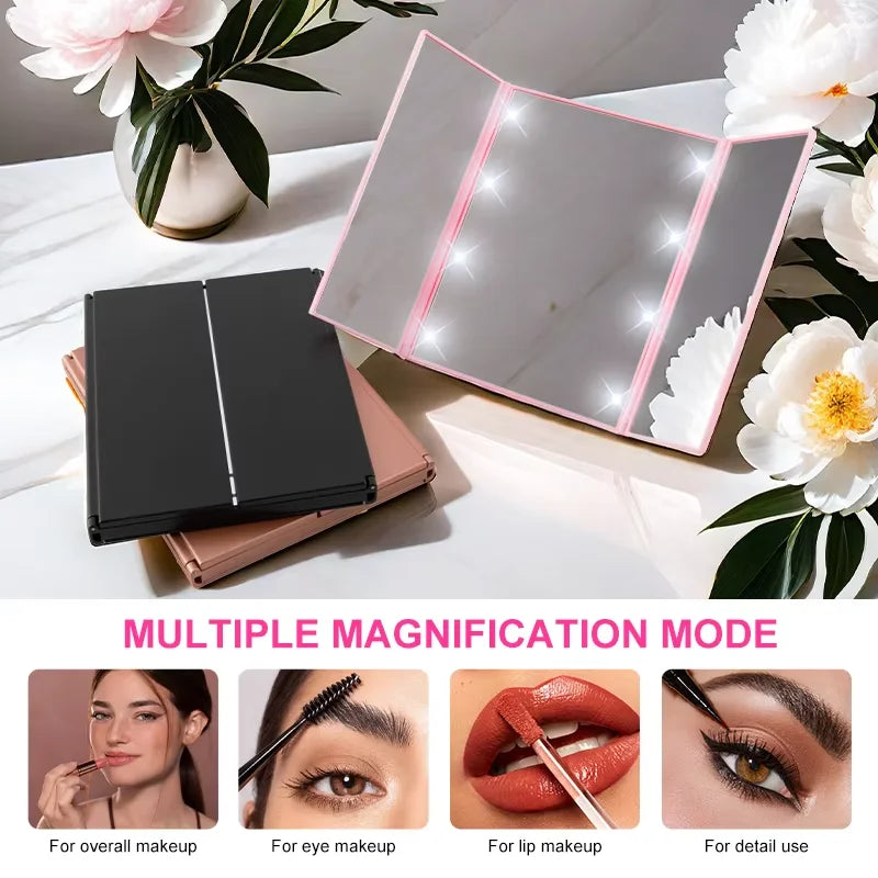 Portable Lighted Makeup Mirror 3 Way Trifold with Lights, LED Mini Travel Folding Vanity Mirror with Stand, Giftos fr Woman