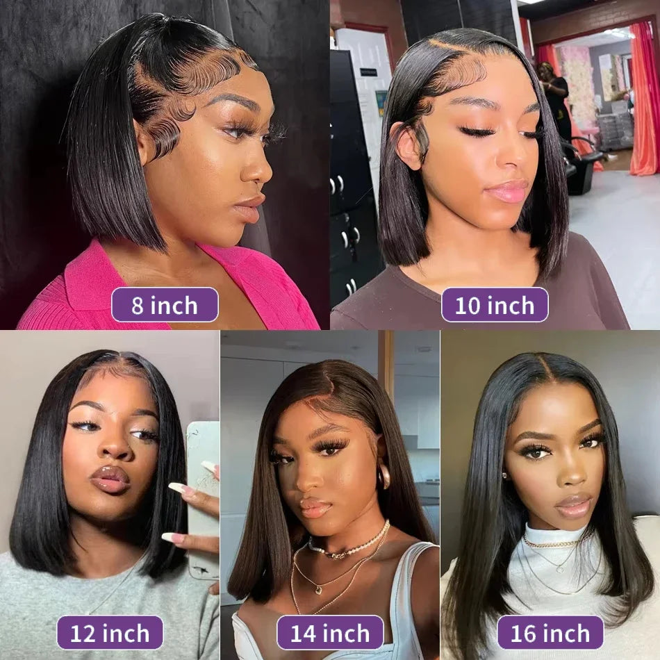 Short Straight Bob 100% Human Hair Transparent Lace Front Wig 200% Density
