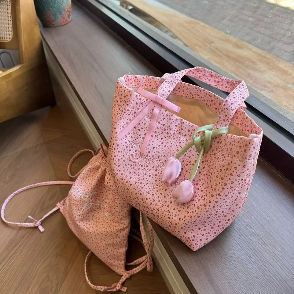 Pink Flower Embroidery Large Capacity Tote Bag for Girls