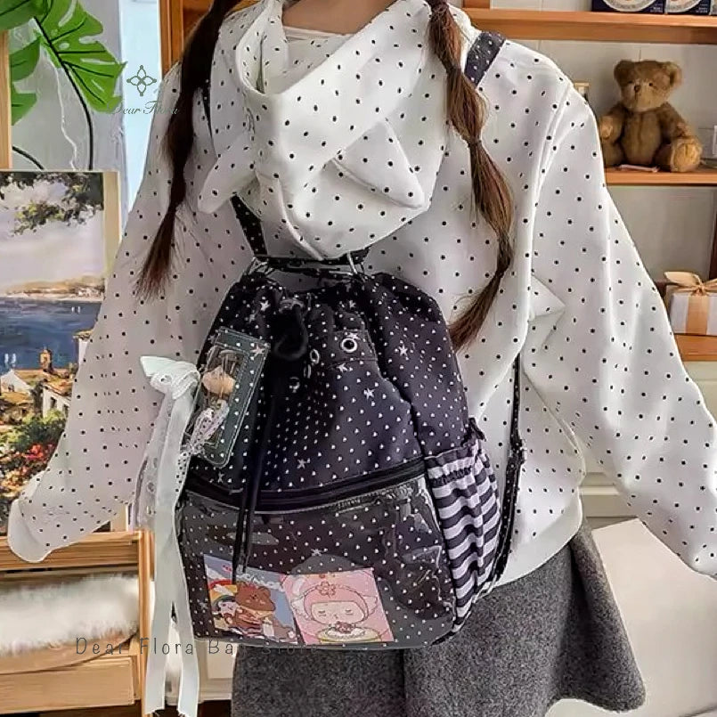 New Y2k Cute Ita Bag Girls Transparent Shoulder Bag Fashionable Large Capacity Polka Dot Canvas Tote Bag Casual Commuter Handbag