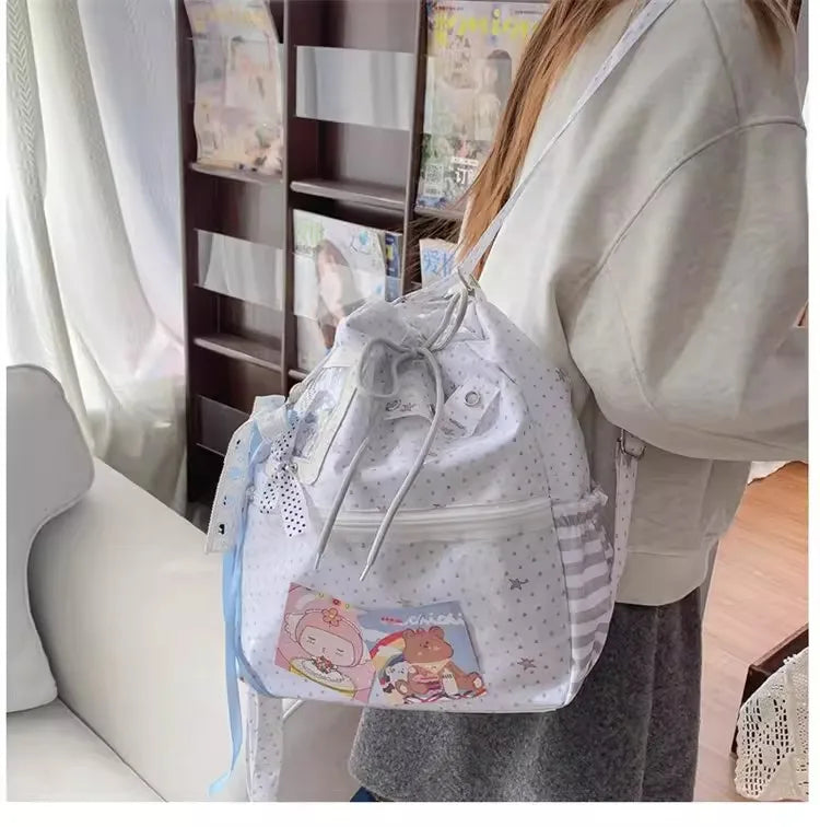 New Y2k Cute Ita Bag Girls Transparent Shoulder Bag Fashionable Large Capacity Polka Dot Canvas Tote Bag Casual Commuter Handbag