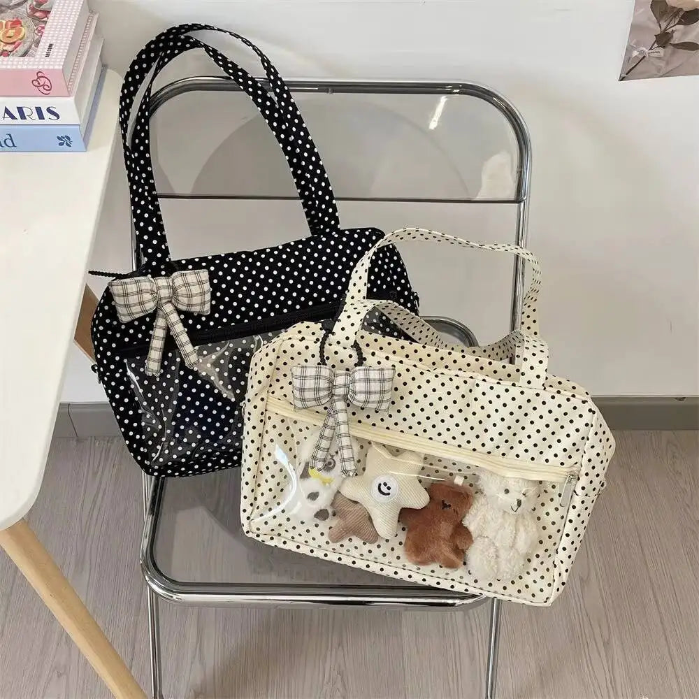 New Y2k Cute Ita Bag Girls Transparent Shoulder Bag Fashionable Large Capacity Polka Dot Canvas Tote Bag Casual Commuter Handbag