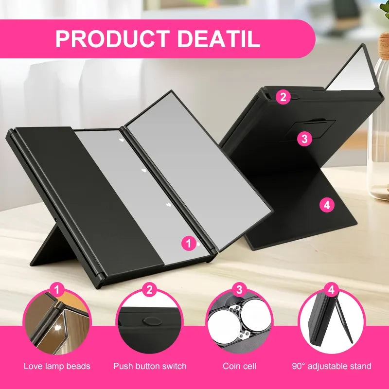 Portable Lighted Makeup Mirror 3 Way Trifold with Lights, LED Mini Travel Folding Vanity Mirror with Stand, Giftos fr Woman