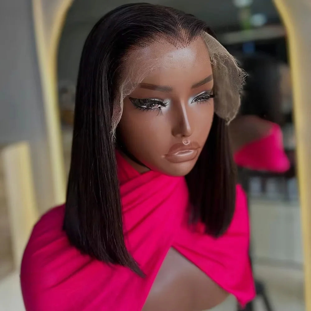 Short Straight Bob 100% Human Hair Transparent Lace Front Wig 200% Density
