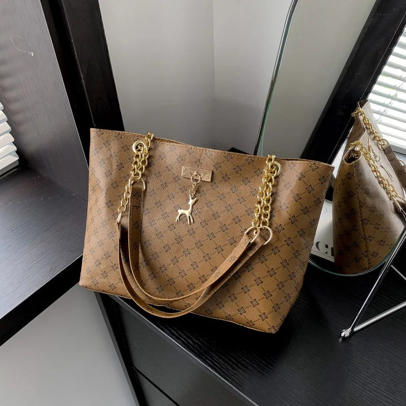 Large Capacity Soft Leather Tote Bag with Hanging Accessories