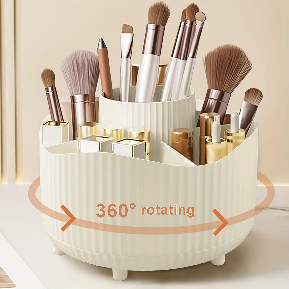 360-Degree Rotating Makeup Organizer 5 Slot Plastic Cosmetic Storage Elegant Stripe Versatile Holder for Brushes Office Supplies