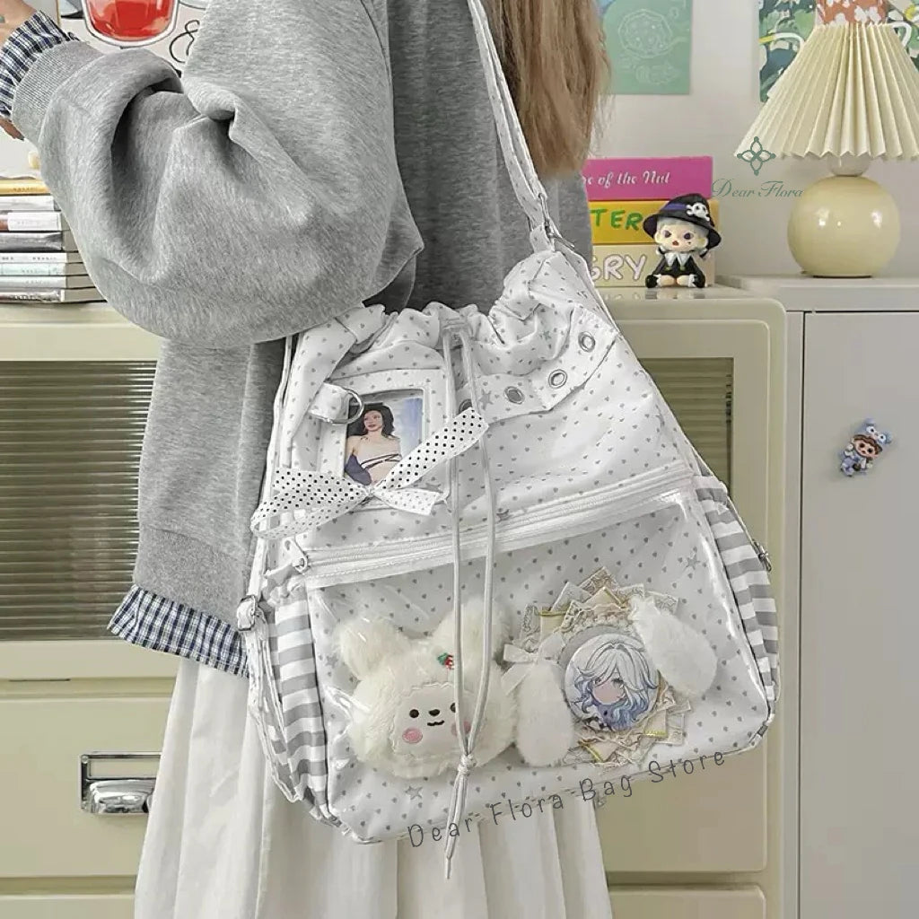 New Y2k Cute Ita Bag Girls Transparent Shoulder Bag Fashionable Large Capacity Polka Dot Canvas Tote Bag Casual Commuter Handbag
