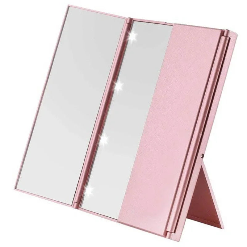 Portable Lighted Makeup Mirror 3 Way Trifold with Lights, LED Mini Travel Folding Vanity Mirror with Stand, Giftos fr Woman