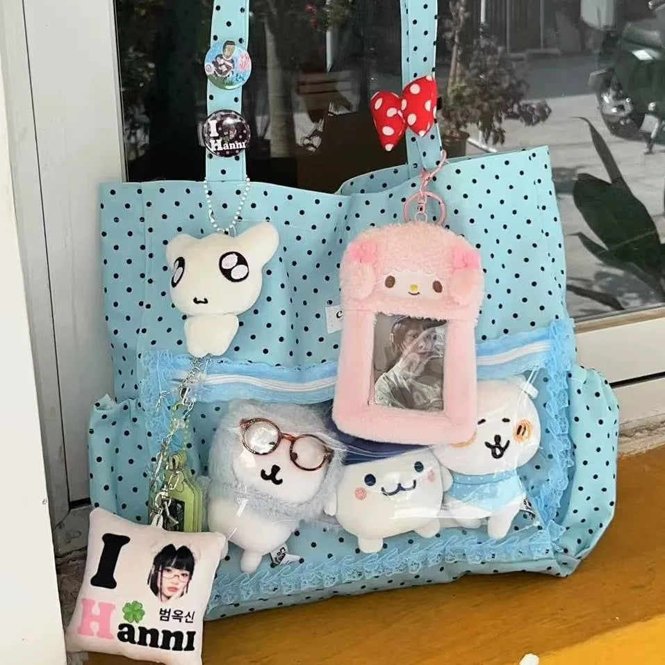 New Y2k Cute Ita Bag Girls Transparent Shoulder Bag Fashionable Large Capacity Polka Dot Canvas Tote Bag Casual Commuter Handbag