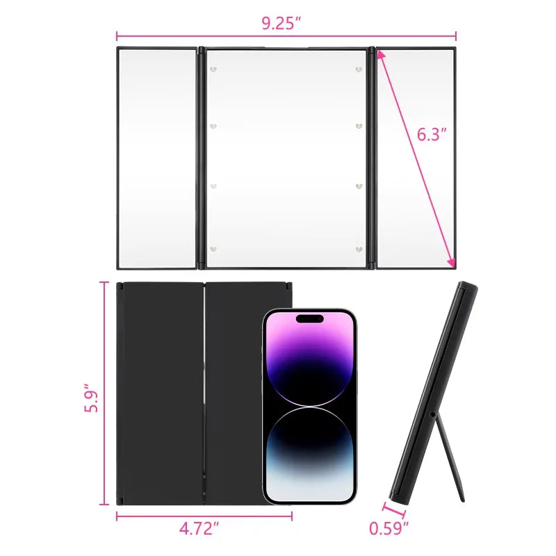 Portable Lighted Makeup Mirror 3 Way Trifold with Lights, LED Mini Travel Folding Vanity Mirror with Stand, Giftos fr Woman