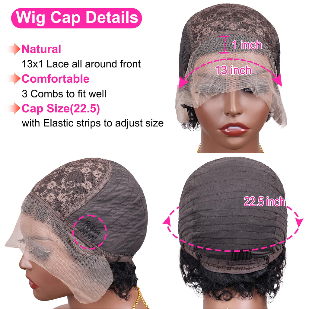 Short Curly Pixie Cut 13x1 Transparent Lace Front Human Hair Wig