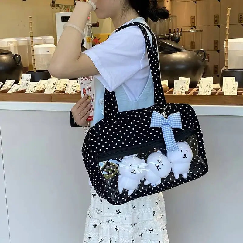 New Y2k Cute Ita Bag Girls Transparent Shoulder Bag Fashionable Large Capacity Polka Dot Canvas Tote Bag Casual Commuter Handbag