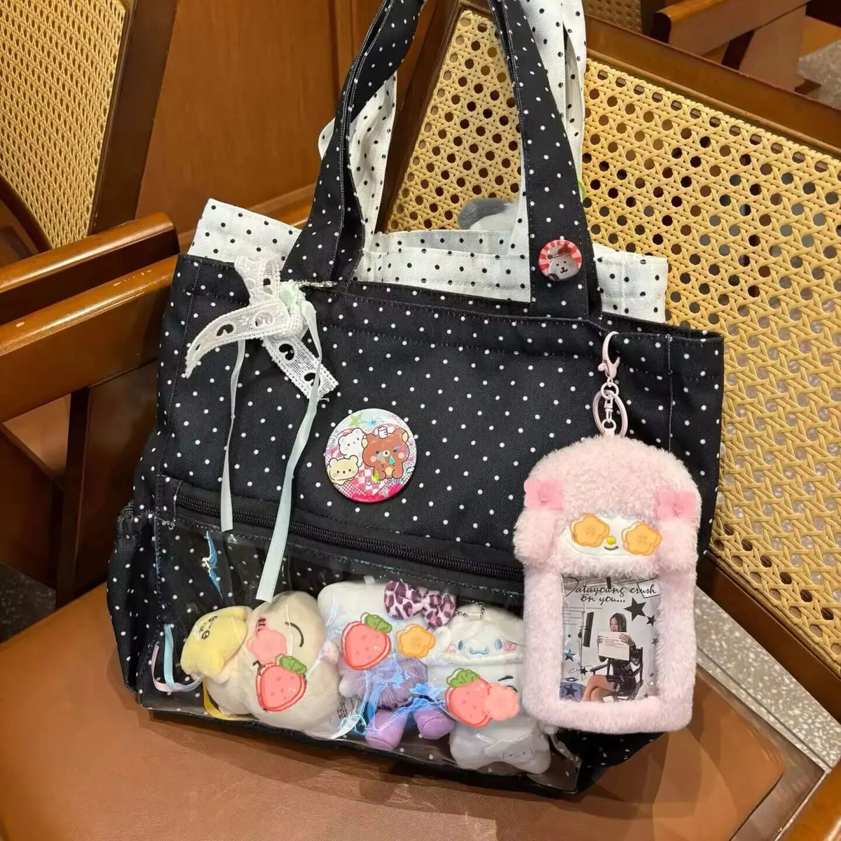 New Y2k Cute Ita Bag Girls Transparent Shoulder Bag Fashionable Large Capacity Polka Dot Canvas Tote Bag Casual Commuter Handbag