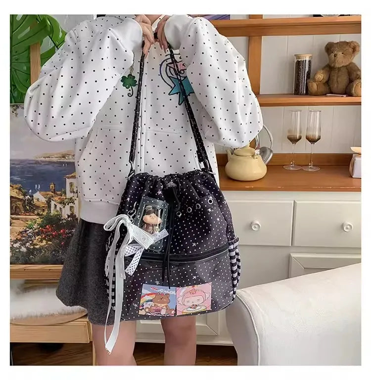 New Y2k Cute Ita Bag Girls Transparent Shoulder Bag Fashionable Large Capacity Polka Dot Canvas Tote Bag Casual Commuter Handbag
