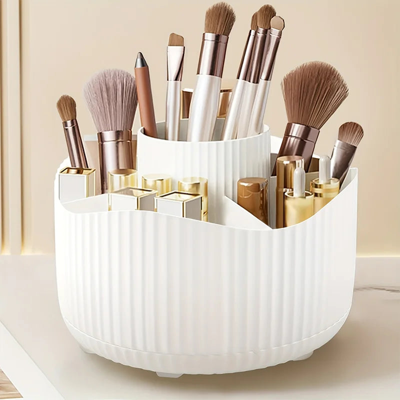 360-Degree Rotating Makeup Organizer 5 Slot Plastic Cosmetic Storage Elegant Stripe Versatile Holder for Brushes Office Supplies