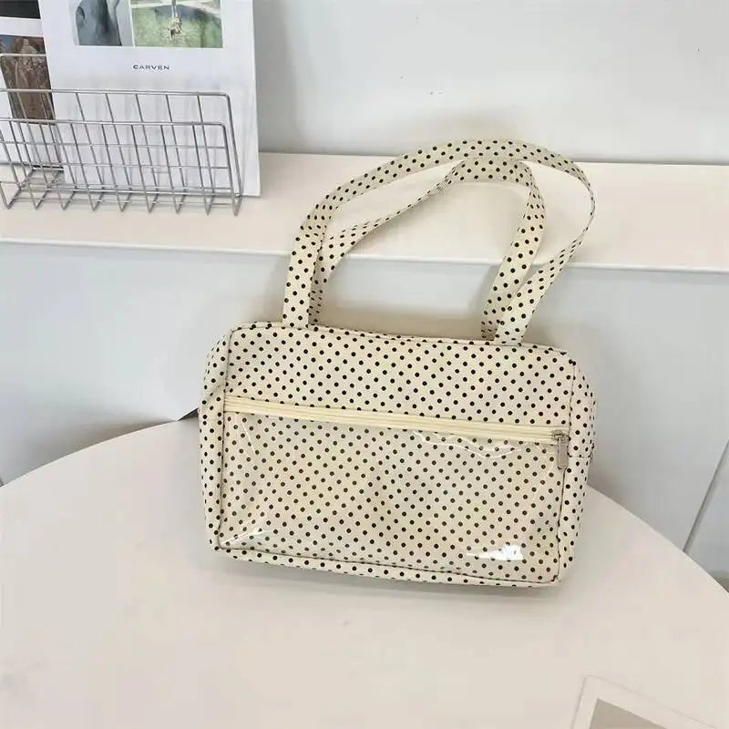 New Y2k Cute Ita Bag Girls Transparent Shoulder Bag Fashionable Large Capacity Polka Dot Canvas Tote Bag Casual Commuter Handbag