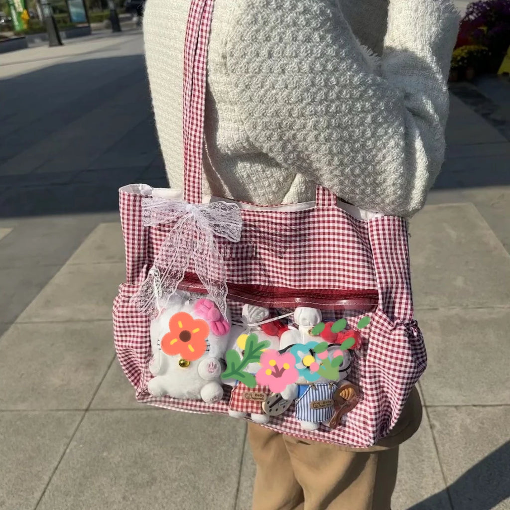 New Y2k Cute Ita Bag Girls Transparent Shoulder Bag Fashionable Large Capacity Polka Dot Canvas Tote Bag Casual Commuter Handbag