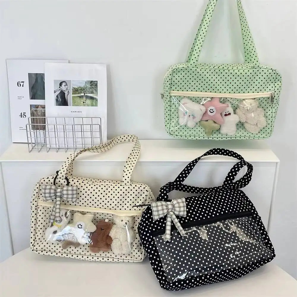 New Y2k Cute Ita Bag Girls Transparent Shoulder Bag Fashionable Large Capacity Polka Dot Canvas Tote Bag Casual Commuter Handbag