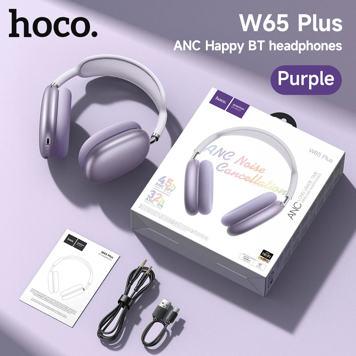 HOCO W65 Plus ANC Wireless Over-Ear Bluetooth Headphones