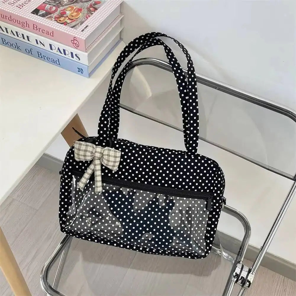 New Y2k Cute Ita Bag Girls Transparent Shoulder Bag Fashionable Large Capacity Polka Dot Canvas Tote Bag Casual Commuter Handbag