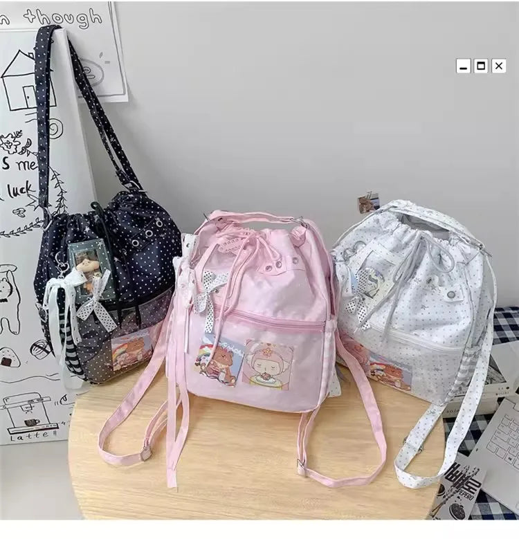 New Y2k Cute Ita Bag Girls Transparent Shoulder Bag Fashionable Large Capacity Polka Dot Canvas Tote Bag Casual Commuter Handbag
