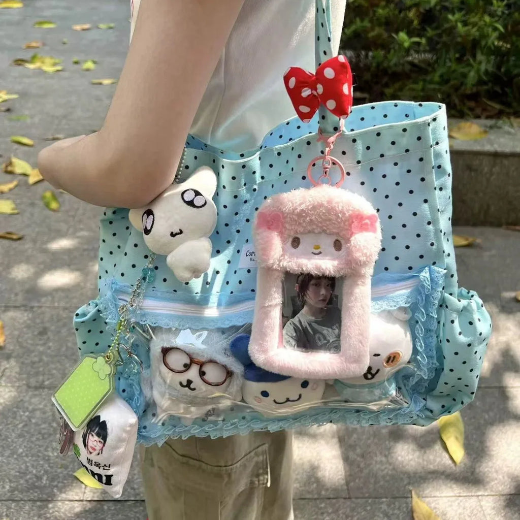 New Y2k Cute Ita Bag Girls Transparent Shoulder Bag Fashionable Large Capacity Polka Dot Canvas Tote Bag Casual Commuter Handbag