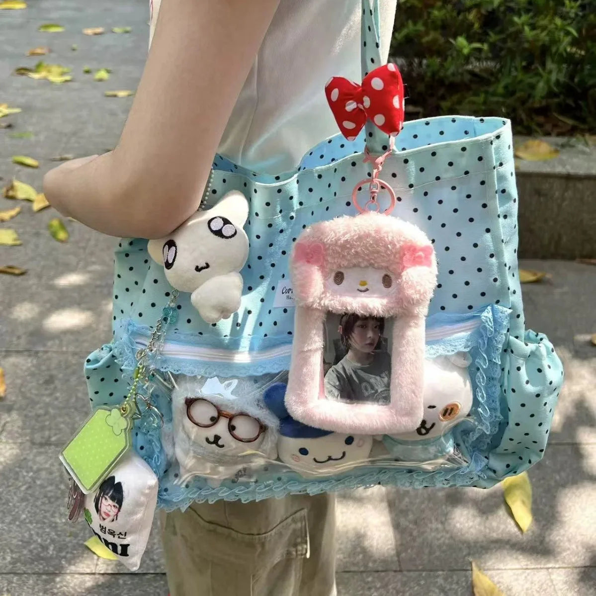 New Y2k Cute Ita Bag Girls Transparent Shoulder Bag Fashionable Large Capacity Polka Dot Canvas Tote Bag Casual Commuter Handbag