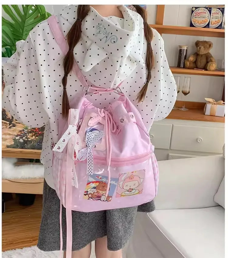 New Y2k Cute Ita Bag Girls Transparent Shoulder Bag Fashionable Large Capacity Polka Dot Canvas Tote Bag Casual Commuter Handbag